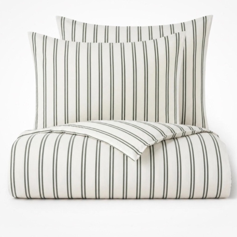 Quince Organic Cotton Green Stripe King Flat Sheet 2 Shams 3pc Set NEW